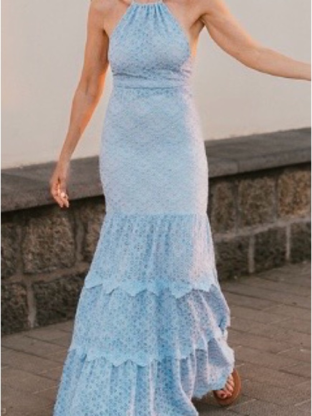 Nightcap Diamond Floral Lace Blue Halter Tiered Maxi Dress